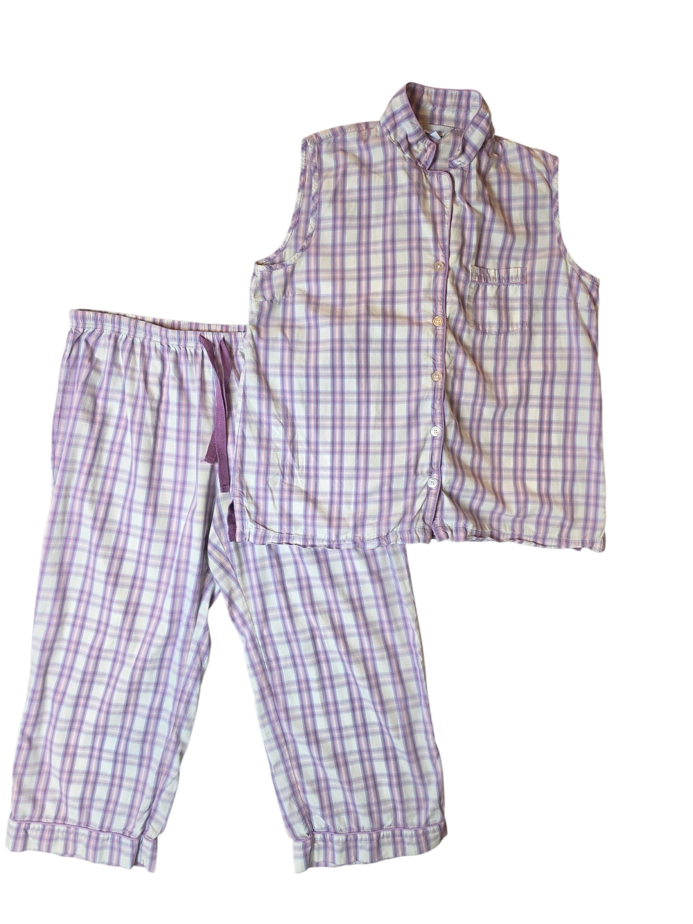 Sleeveless Plaid Pajama Set - Lavender/White